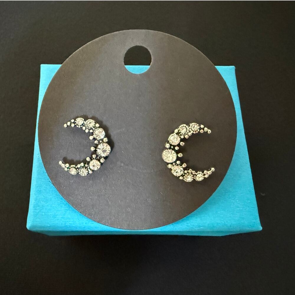 Silver Celestial Rhinestone Crescent Moon Stud Earrings